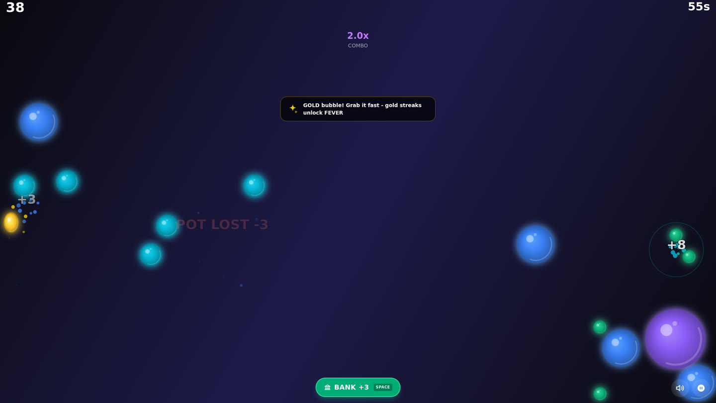 Chaining a combo — the pot grows while a gold bubble hint fires