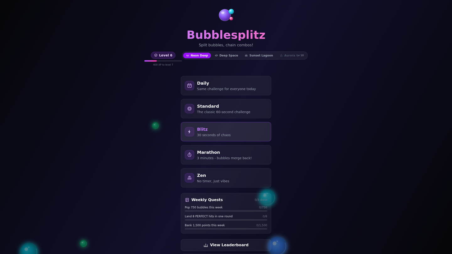 The hub: level progression, five modes, four unlockable themes and weekly quests